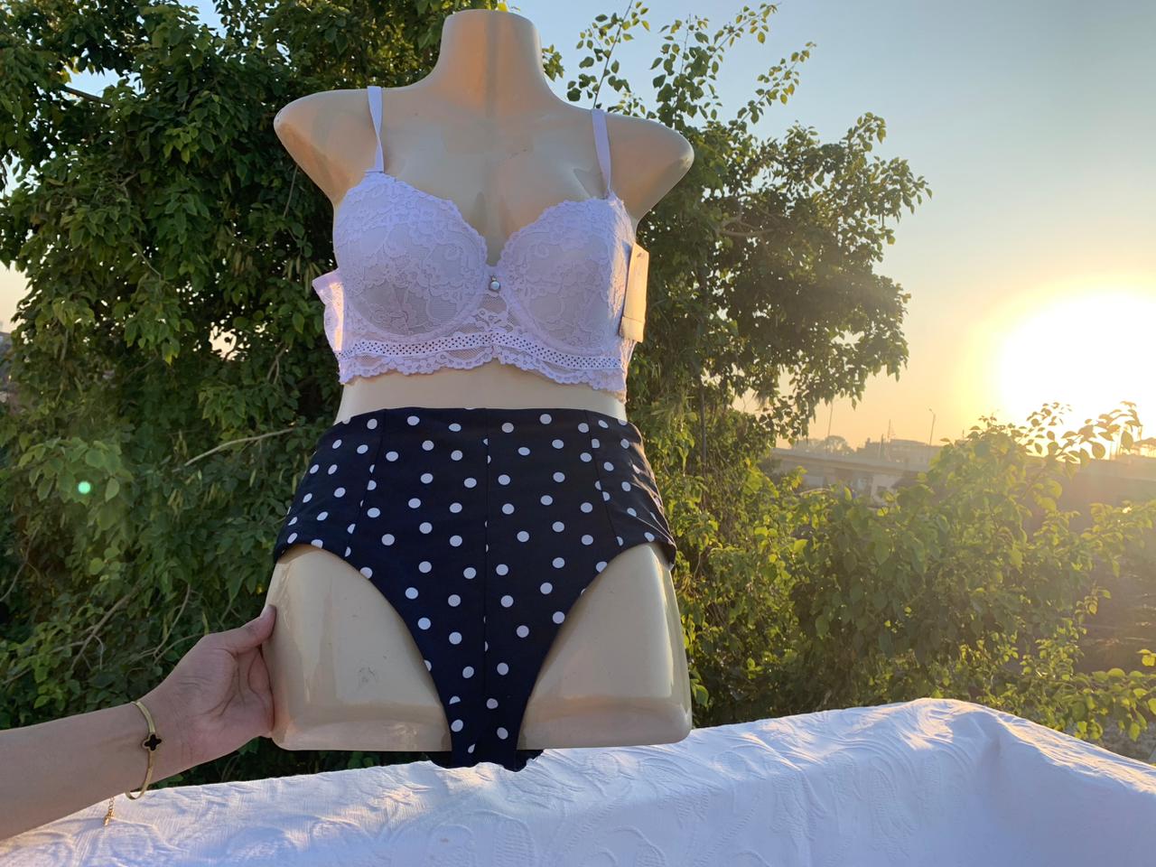 White Lace Bra & Black Polka Dot High-Waist Panty Set – Comfortable Everyday Lingerie